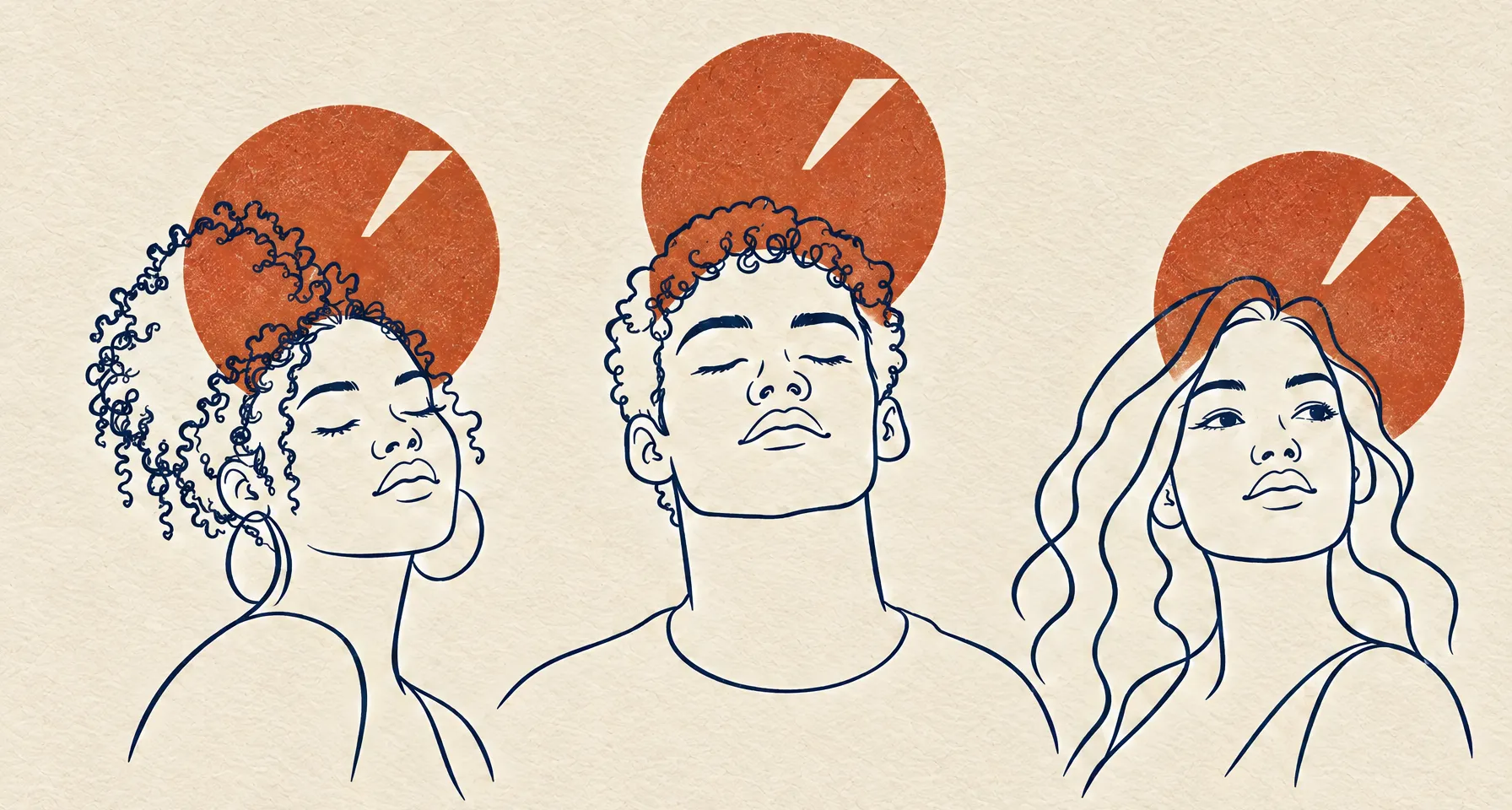 Ilustração em traço de três jovens de olhos fechados, cada um com um sol terracota atrás da cabeça.